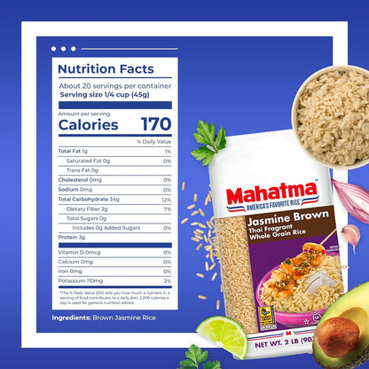 Brown Jasmine Rice Bag 2Lb, Brown Thai Jasmine Rice, Microwave Rice in 20 Minutes or Cook on Stovetop in 30 Minutes