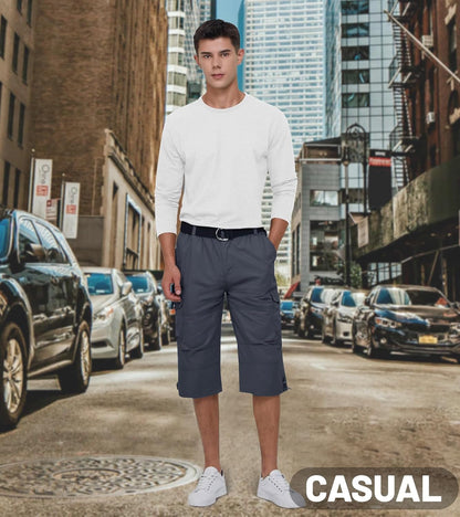 Men'S Cargo Shorts Casual Twill Elastic 3/4 Capri Pants below Knee Long Shorts with 7 Pockets