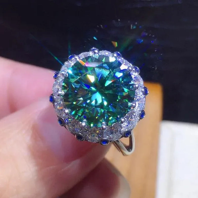 Fashion Jewelry 925 Sterling Silver Blue Green Moissanite Diamond Opening Adjustable Ring