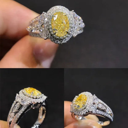 Trendy Silver Plated Lab Diamond White Sapphire Citrine Gemstone Rings for Women Engagement Proposal Gift Bridal Jewelry