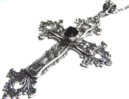 Large Gothic Cross Necklace Silver-Tone Pendant with Glass Stone, on 24" Steel Chain…