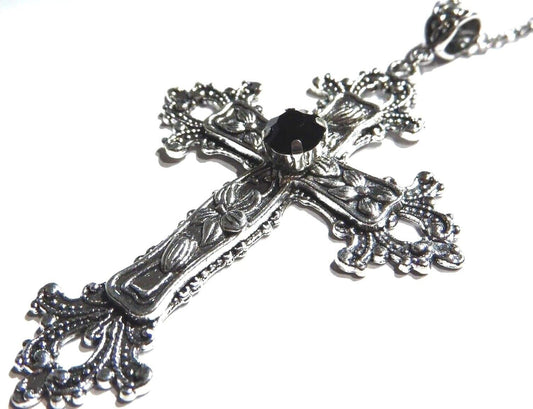 Large Gothic Cross Necklace Silver-Tone Pendant with Glass Stone, on 24" Steel Chain…