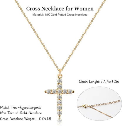 Crown Cross Necklace for Women, 14K Gold Silver Cubic Zirconia Crown Cross Necklace, Diamond Gold Silver Cross Necklaces, Dainty Cross Faith Simple Trendy Charm Jewelry Gift for Women