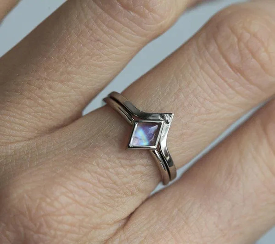 Antique Silver Moonstone Ring Set Women's Vintage Natural Gemstone Moonstone Ring Set Anniversary Gift Engagement Bridal Wedding Jewelry Rings Size 5-10