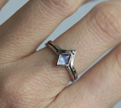 Antique Silver Moonstone Ring Set Women's Vintage Natural Gemstone Moonstone Ring Set Anniversary Gift Engagement Bridal Wedding Jewelry Rings Size 5-10