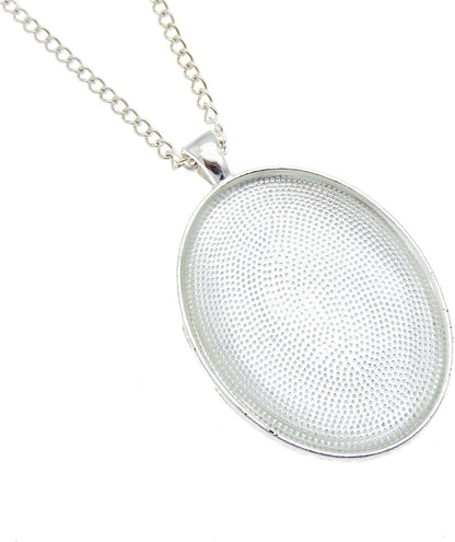 10 Sets Oval Bezel Pendant Kit with Glass Cabochon and Chain for Jewelry Making Necklace Silver 40X30Mm