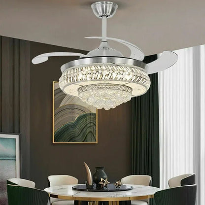 42" Invisible Ceiling Fan Light K9 Crystal LED Chandelier Retractable Blade Light with Remote Control