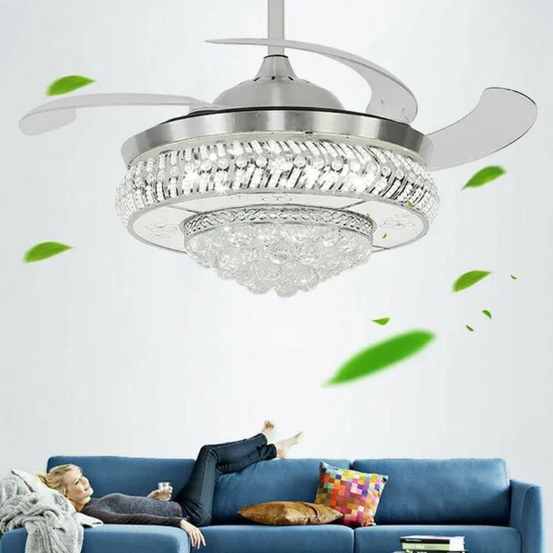 42" Invisible Ceiling Fan Light K9 Crystal LED Chandelier Retractable Blade Light with Remote Control - WORLD TIME VISITS