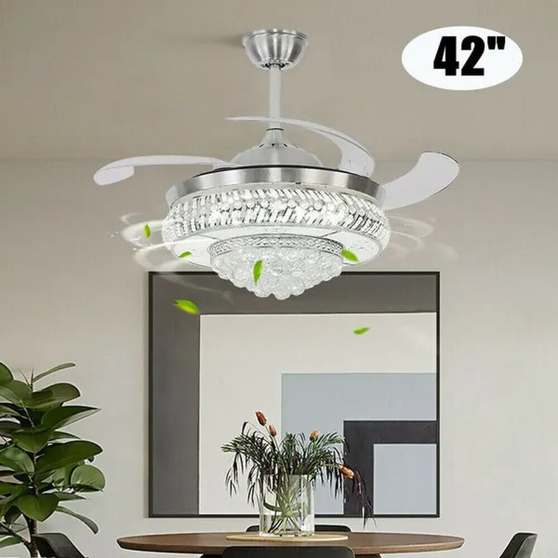 42" Invisible Ceiling Fan Light K9 Crystal LED Chandelier Retractable Blade Light with Remote Control - WORLD TIME VISITS
