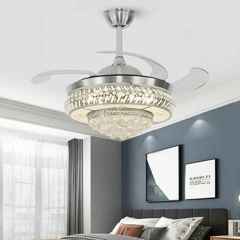 42" Invisible Ceiling Fan Light K9 Crystal LED Chandelier Retractable Blade Light with Remote Control