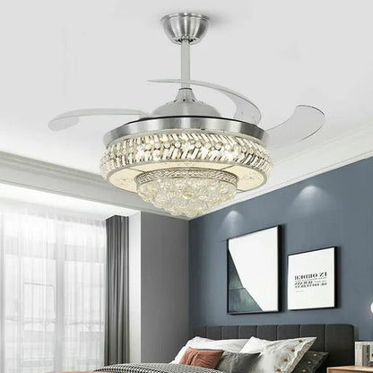 42" Invisible Ceiling Fan Light K9 Crystal LED Chandelier Retractable Blade Light with Remote Control
