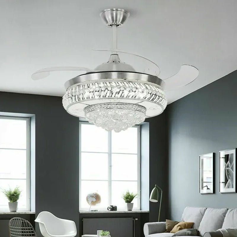 42" Invisible Ceiling Fan Light K9 Crystal LED Chandelier Retractable Blade Light with Remote Control