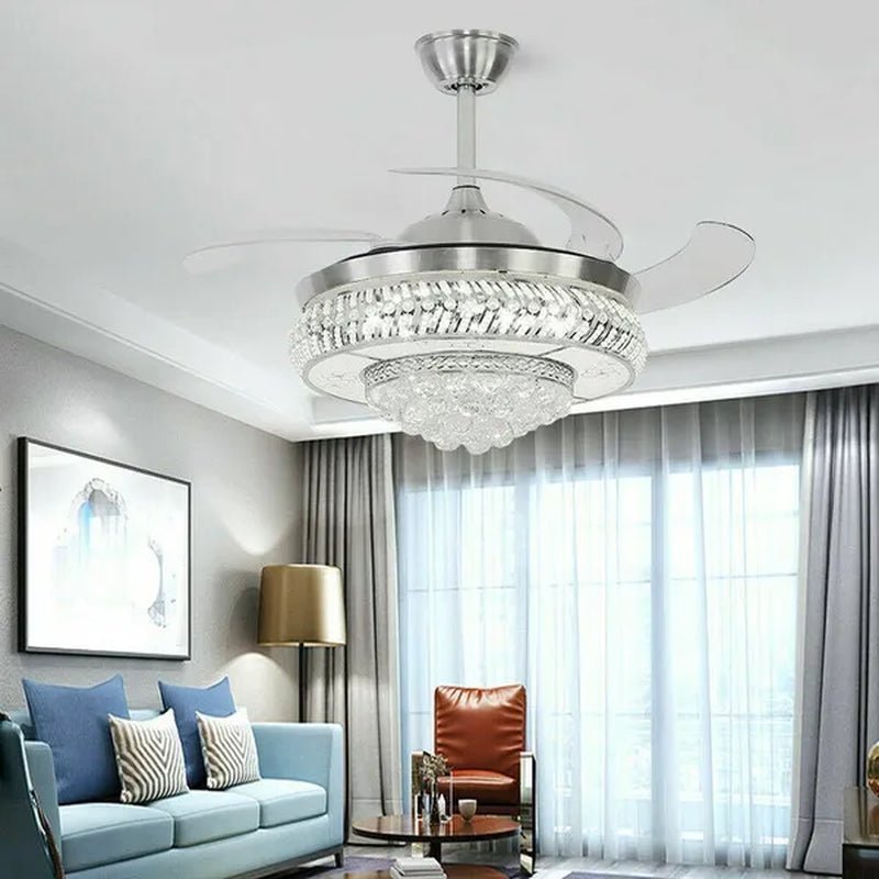 42" Invisible Ceiling Fan Light K9 Crystal LED Chandelier Retractable Blade Light with Remote Control - WORLD TIME VISITS