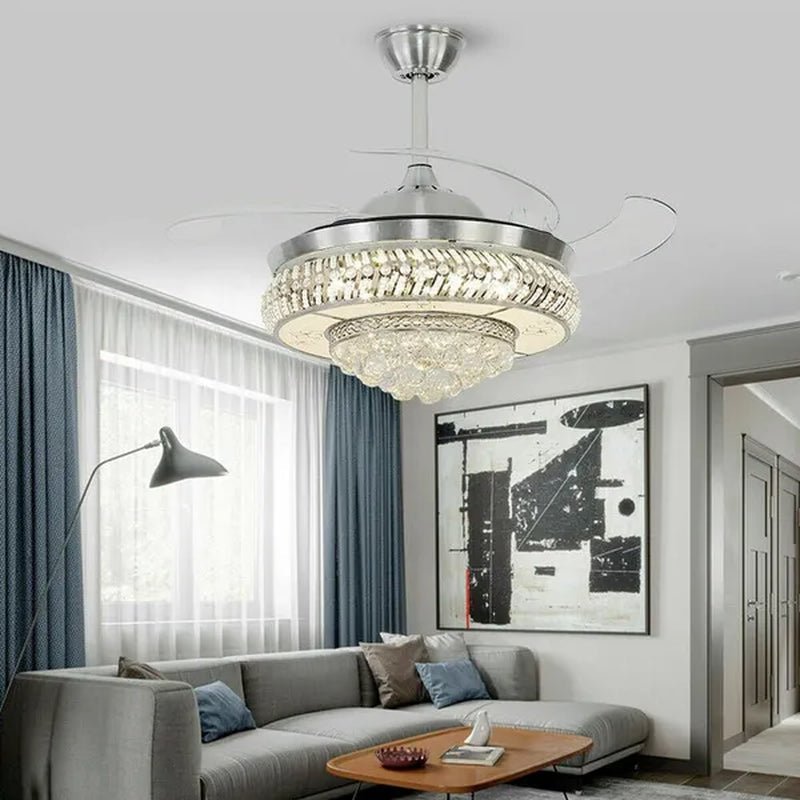 42" Invisible Ceiling Fan Light K9 Crystal LED Chandelier Retractable Blade Light with Remote Control