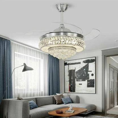 42" Invisible Ceiling Fan Light K9 Crystal LED Chandelier Retractable Blade Light with Remote Control