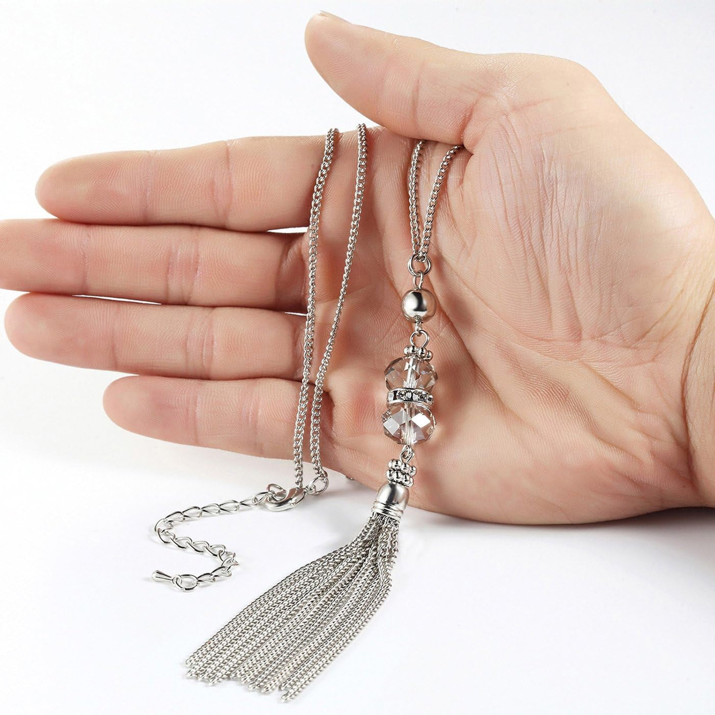 Double Crystal Long Tassels Sweater Chain Pendant Necklace Mother Gift Jewelry 32"