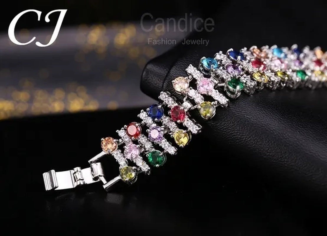 CANDICE Blue Crystal Elegant Bridal Wristband Bracelet White CZ Wedding Bangle Jewelry