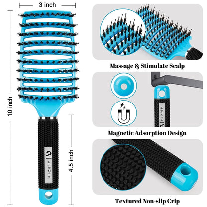 Boar Bristle Hair Brush 2 Pack,  Wet & Dry No Pull Curved Vented Hair Brush, Styling Voremy Magical Brush Detangler for Kids & Men, Hairbrush for Women Can Adds Shine & Smooth Curly Thick Hair