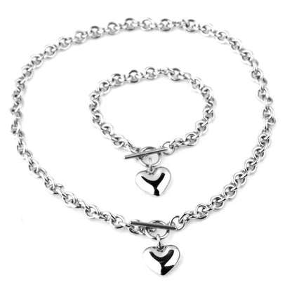 Trendry Women'S Heart Pendant Set Silver Stainless Steel Jewelry Set Chain Necklace Bracelet Oval Chain