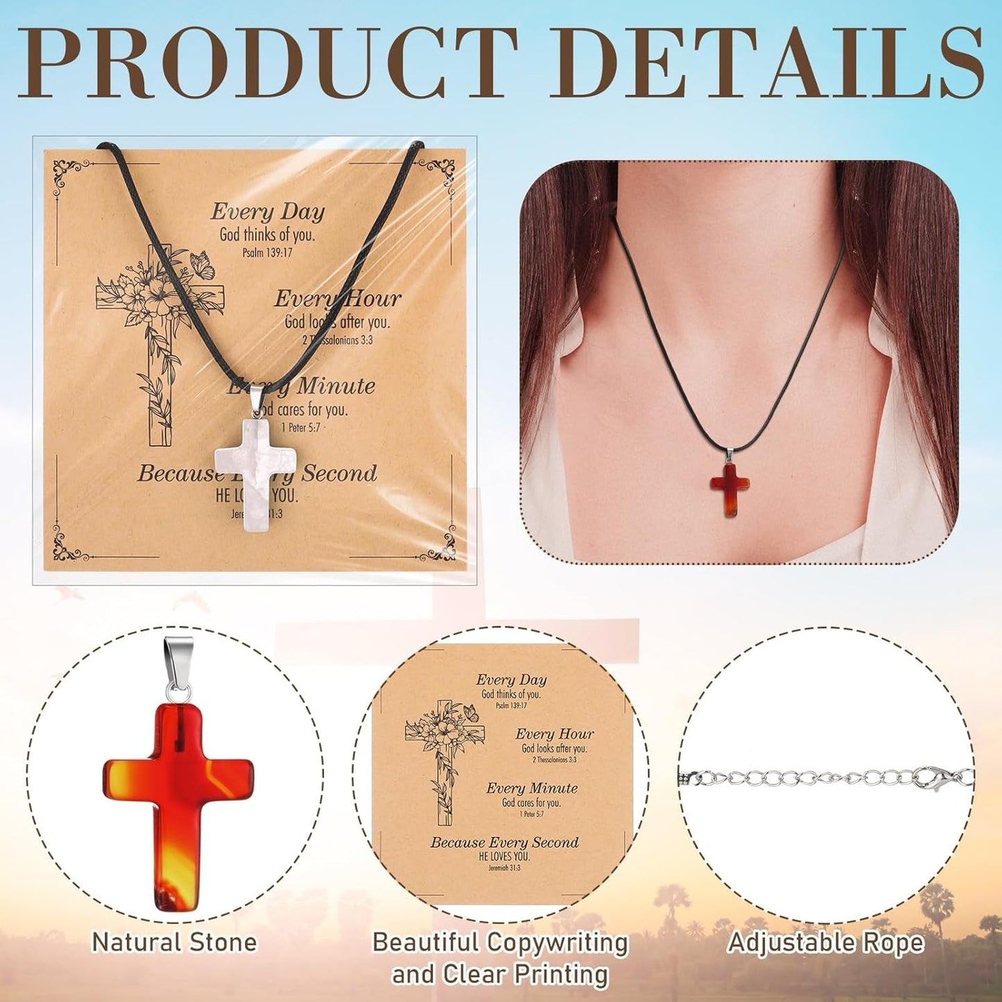 Christian Cross Charms for Jewelry Making Natural Stone Cross Gemstone Pendant Quartz Crystal Charm with Leather Chain and Card for Valentines DIY Necklace Earring Bracelet Gifts