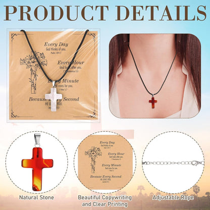 Christian Cross Charms for Jewelry Making Natural Stone Cross Gemstone Pendant Quartz Crystal Charm with Leather Chain and Card for Valentines DIY Necklace Earring Bracelet Gifts