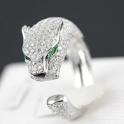 Personality 925 Sterling Silver Plated Jaguar Rings with Green Rhinestone Eyes Animal Fashion Costume Rings for Men and Women