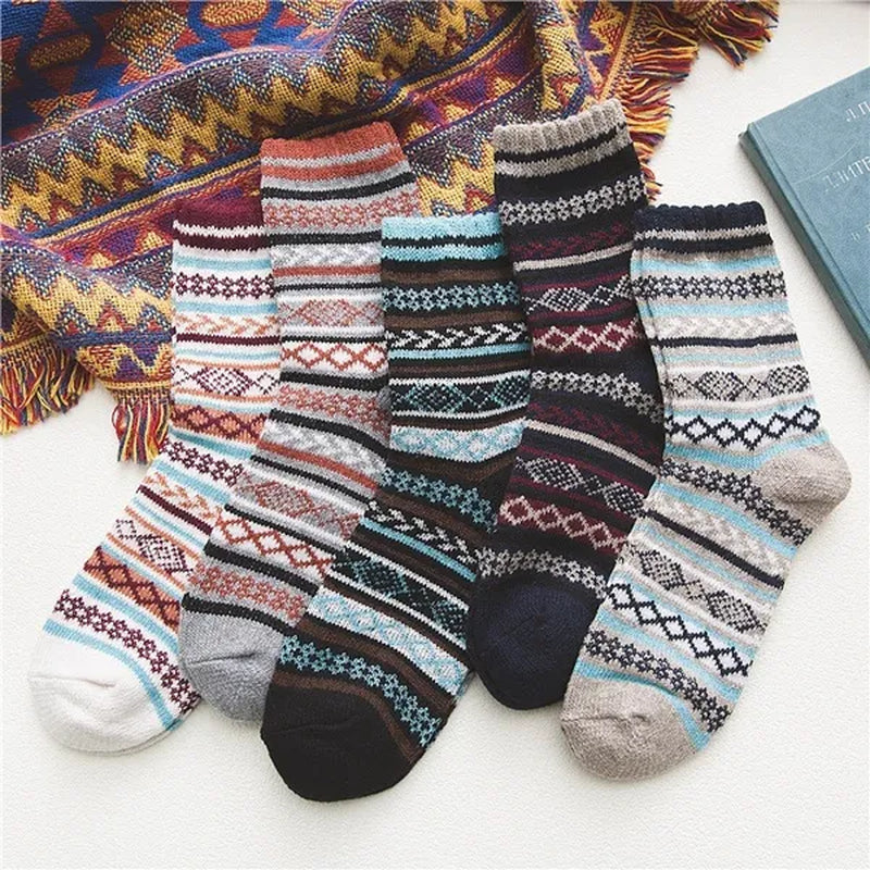5Pairs Winter Knitting Cashmere Warm Cotton Soft Thicken Women Men Socks  Assorted Patterns Wool Sock For Men and Women