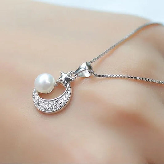 woman fashion Jewellery Elegant temperament   pearl Pendant  Gold-plated Stars and Moons Zircon AAA Necklace