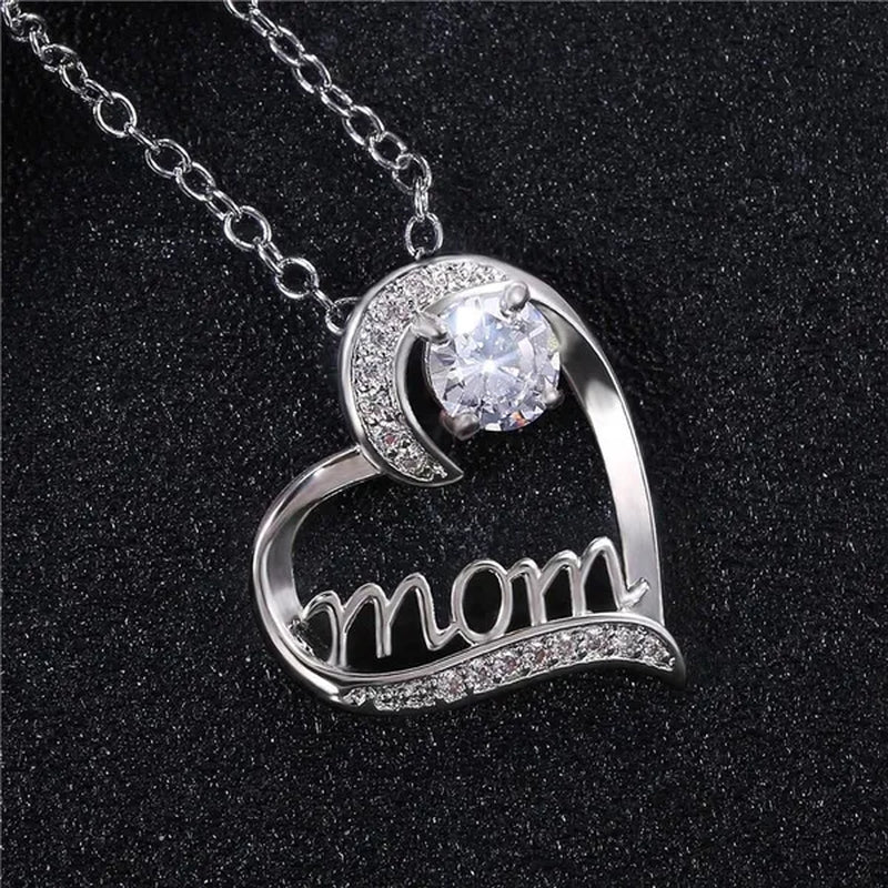 Love Mum Silver Plated Ruby MOM Character Emerald Necklace Jewelry Family Birthday Best Gift for Mother Mummy Party Wedding Band Necklace Christmas Gift