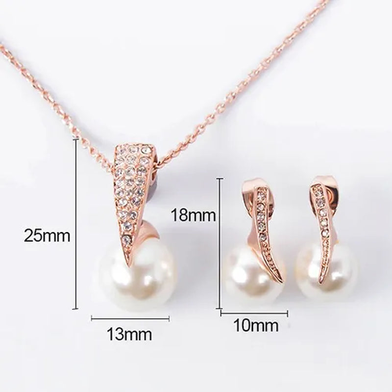 Crystal Wedding Jewelry Set Bride Rose Gold Crystal Faux Pearl Pendant Necklace Earrings
