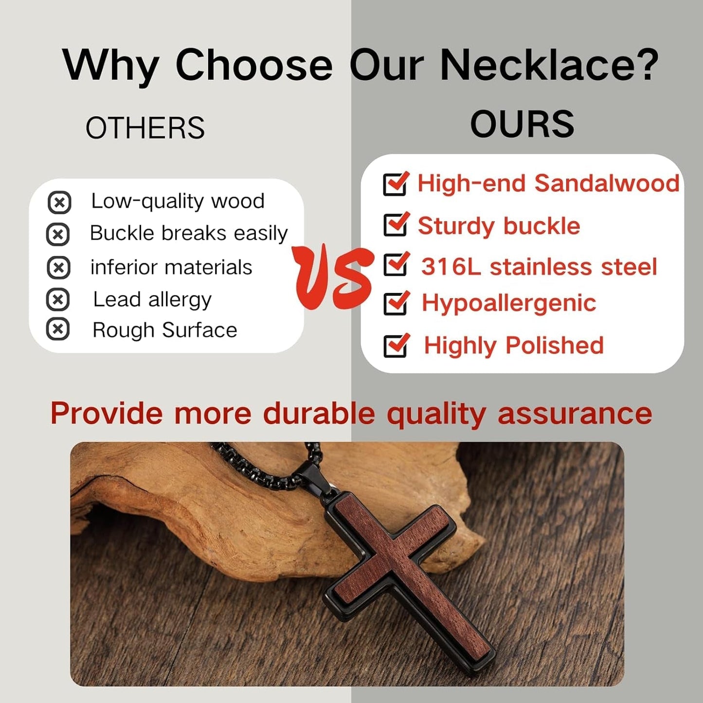 Wooden Cross Necklace for Men, Natural Sandalwood Inlaid with Black Stainless Steel Pendant, Mens Cross Necklaces Including 24 Inch Box Chain. Christmas Gifts for Husbands, Fathers, Sons, and Friends. ﻿