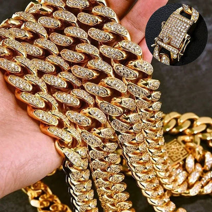 1pc Iced Out Bling Rhinestone Crystal Gold Finish Miami Cuban Link Chain Diamond Gold/925 Silver Men's Hip Hop Necklace or Bracelet Jewelry 8/20/24/28 Inch