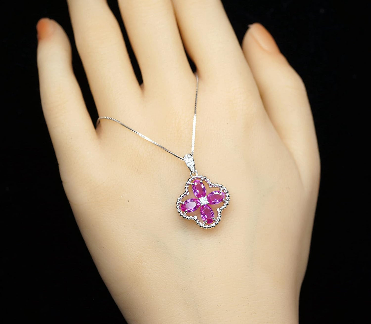 Pink Sapphire Jewelry Fuchsia Four Leaf Clover Pendant Green Peridot Necklace 18Kgp @ 925 Sterling Silver Adjustable Chain Ruby Aquamarine Amethyst Emerald Blue Sapphire Sunstone (Pink Sapphire)