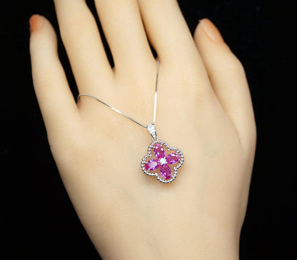 Pink Sapphire Jewelry Fuchsia Four Leaf Clover Pendant Green Peridot Necklace 18Kgp @ 925 Sterling Silver Adjustable Chain Ruby Aquamarine Amethyst Emerald Blue Sapphire Sunstone (Pink Sapphire)