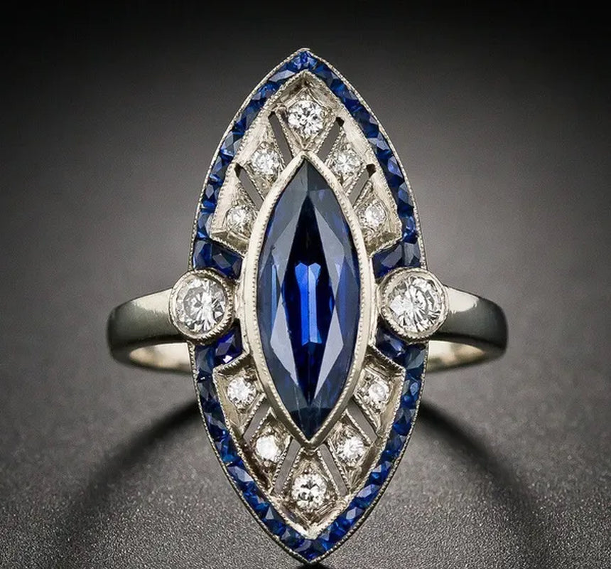 Art Deco Blue Marquise Sapphire Diamond Wedding Engagement Ring 925 Sterling Silver