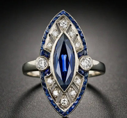 Art Deco Blue Marquise Sapphire Diamond Wedding Engagement Ring 925 Sterling Silver
