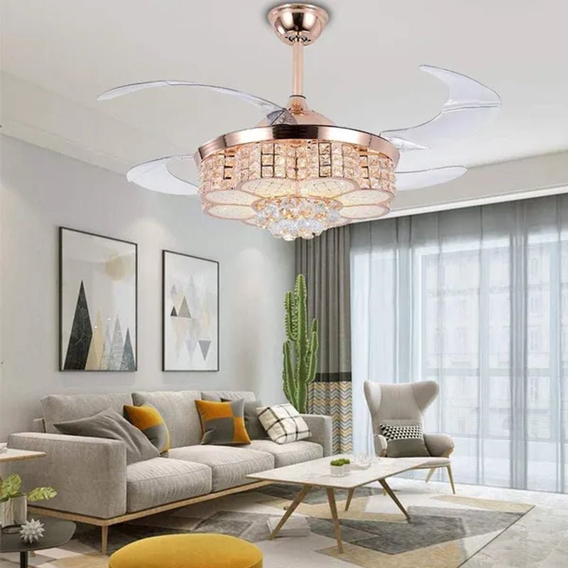 42inch LED 4 Acrylic Crystal Chandelier Ceiling Light Automatic Retractable Crystal Fan Blade Ceiling Lamp - WORLD TIME VISITS