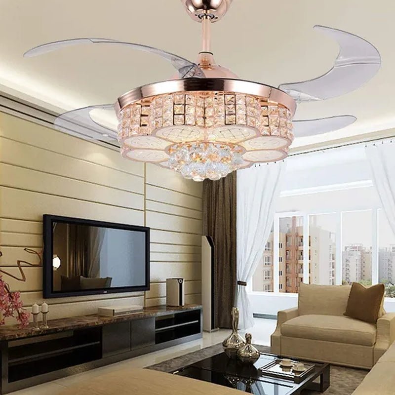 42inch LED 4 Acrylic Crystal Chandelier Ceiling Light Automatic Retractable Crystal Fan Blade Ceiling Lamp - WORLD TIME VISITS