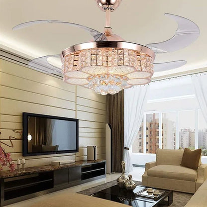 42inch LED 4 Acrylic Crystal Chandelier Ceiling Light Automatic Retractable Crystal Fan Blade Ceiling Lamp - WORLD TIME VISITS