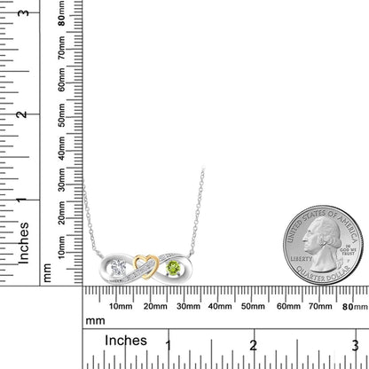 925 Silver and 10K Yellow Gold White Created Sapphire Green Peridot and Lab Grown Diamond Heart Interlocking Infinity Symbol Pendant Necklace for Women (0.61 Cttw, with 18 Inch Chain)