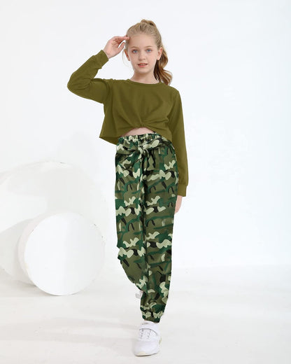Cute Clothes for Girls Sweatsuit 2 Piece Outfits Kids Twist Front Crop Top Camo Sweatpants Tween Girls Clothing Set