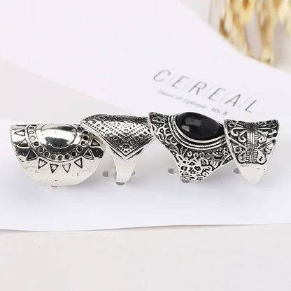 4Pcs/Set Vintage Silver Gypsy Boho Ethnic Ring Hollow Carved Gem Diamond Women  Rings