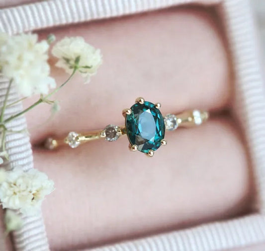 Teal Sapphire Ring, Peacock Engagement Ring, Ceylon Sapphire Diamond Ring, Oval Blue Ring - WORLD TIME VISITS