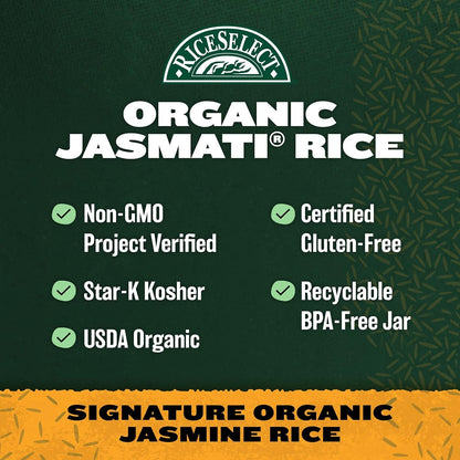 Jasmati Organic Rice, Long-Grain Organic Jasmine Rice, Premium Gluten-Free Rice, Non-Gmo, 32-Ounce Jar