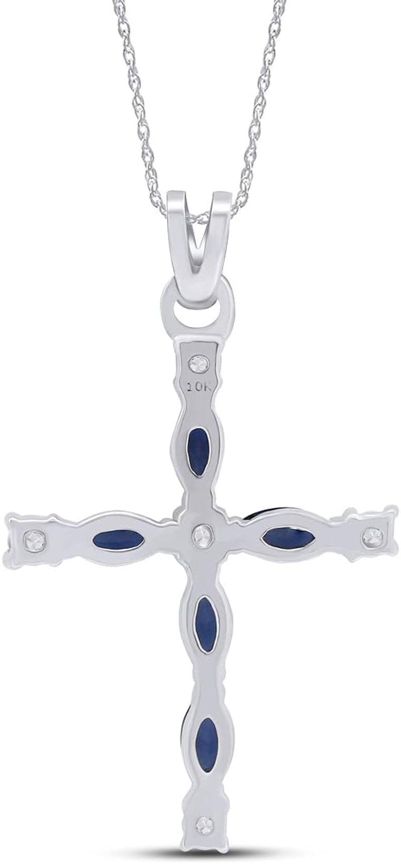 Marquise Cut Simulated Blue Sapphire White Diamond Cross Pendant Necklace in 10K Solid Gold