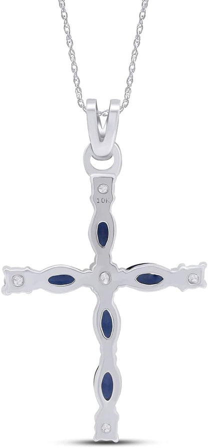 Marquise Cut Simulated Blue Sapphire White Diamond Cross Pendant Necklace in 10K Solid Gold