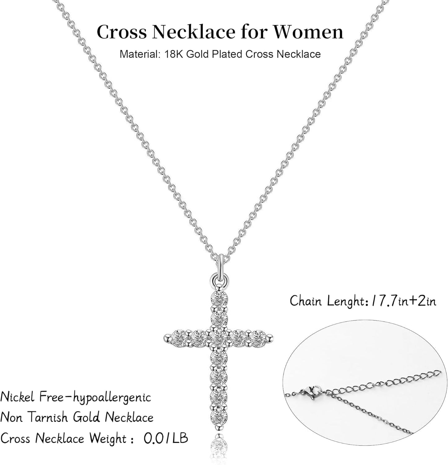 Crown Cross Necklace for Women, 14K Gold Silver Cubic Zirconia Crown Cross Necklace, Diamond Gold Silver Cross Necklaces, Dainty Cross Faith Simple Trendy Charm Jewelry Gift for Women