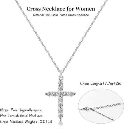 Crown Cross Necklace for Women, 14K Gold Silver Cubic Zirconia Crown Cross Necklace, Diamond Gold Silver Cross Necklaces, Dainty Cross Faith Simple Trendy Charm Jewelry Gift for Women