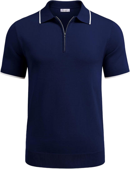 Men'S Zipper Polo Shirt Casual Knit Short Sleeve Polo T Shirt Classic Fit Shirts