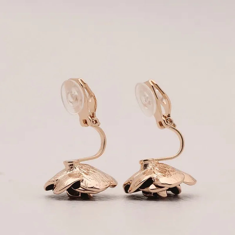 2PCS Women Gold Plated Black Rose Flower Clip on Earrings Non-pierced Jewelry
